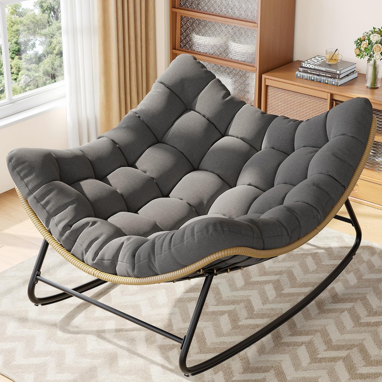 UDPATIO Outdoor Papasan Rocking Chair, Wicker Papasan Lounge Chair with 5.1' Thickened Water-Resistant Cushion & Anti-Slip Bar, for Porch, Balcony, Patio or Indoor, Dark Grey
