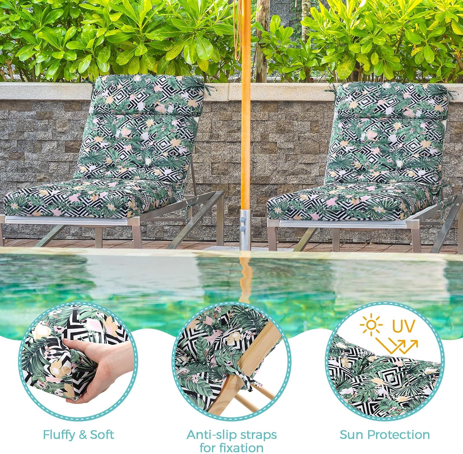 Barydat 4 Pcs Tufted High Back Chair Cushion Indoor Outdoor Seat and Back Cushions Palm Leaves Tropical Plants Lawn Rocking Chair Pads with Ties for Adirondack Patio Garden(Flower Style)