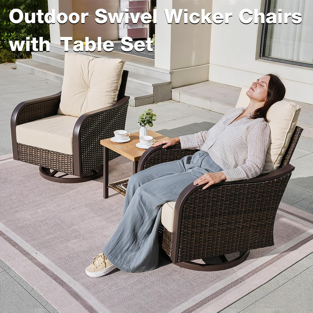 Outdoor Swivel Rocker Chairs, Wicker Swivel Rocking Chairs with 6'' Thick Cushions and Side Coffee Table, 3 Piece Patio Furniture Set for Balcony, Porch, Deck, Poolside, Beige