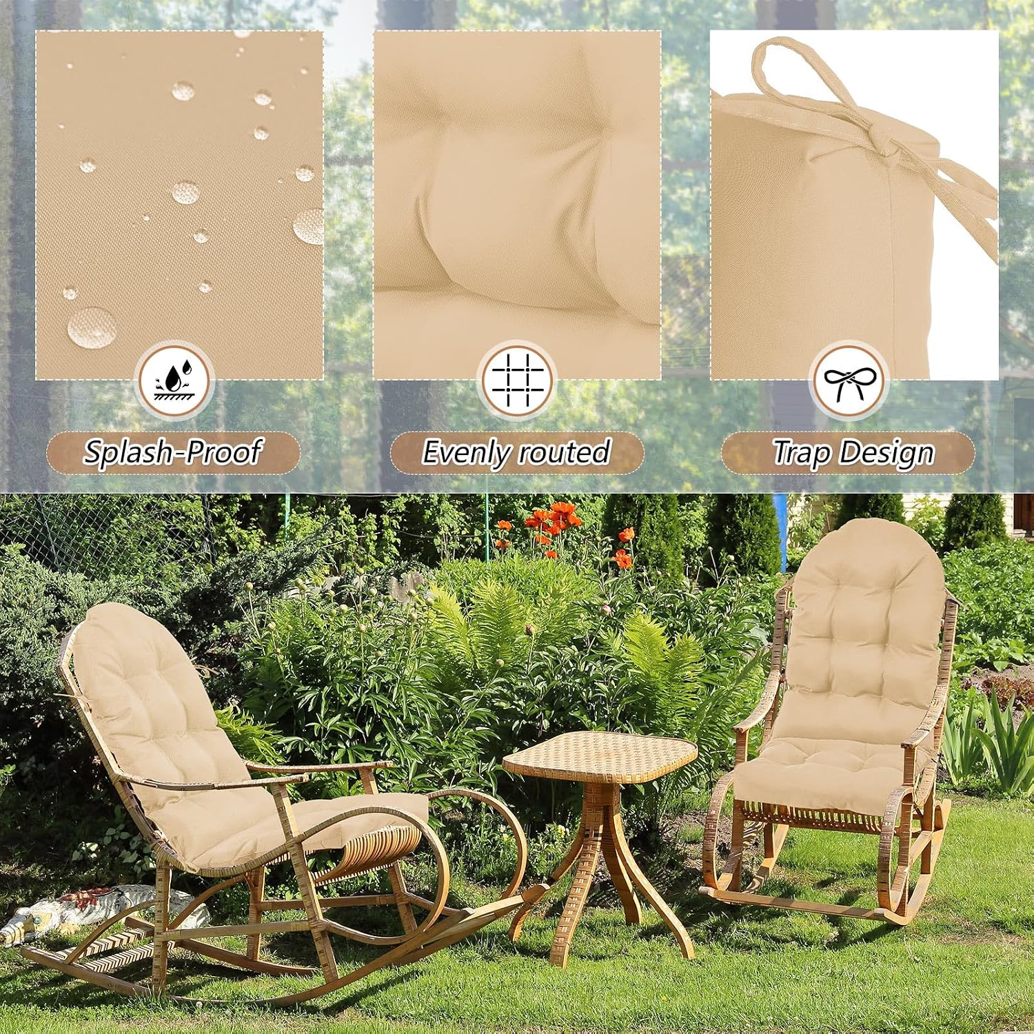 Geelin 4 Pcs Outdoor Patio Chair Cushion Thick High Back Adirondack Chair Cushion Tufted Weather & Fade Resistant Anti-Slip Outside Rocking Chairs Pads with Ties, 44 x 19 x 4 Inch (Beige)