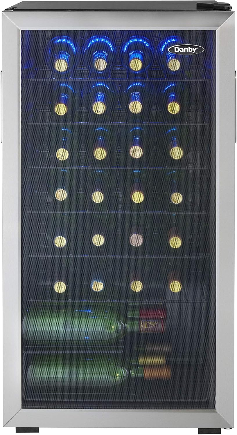 Danby DWC036A1BSSDB-6 3.3 Cu. Ft. Free Standing Wine Cooler, Holds 36 Bottles, Single Zone Fridge With Glass Door - Chiller for Kitchen, Home Bar, Black/Grey