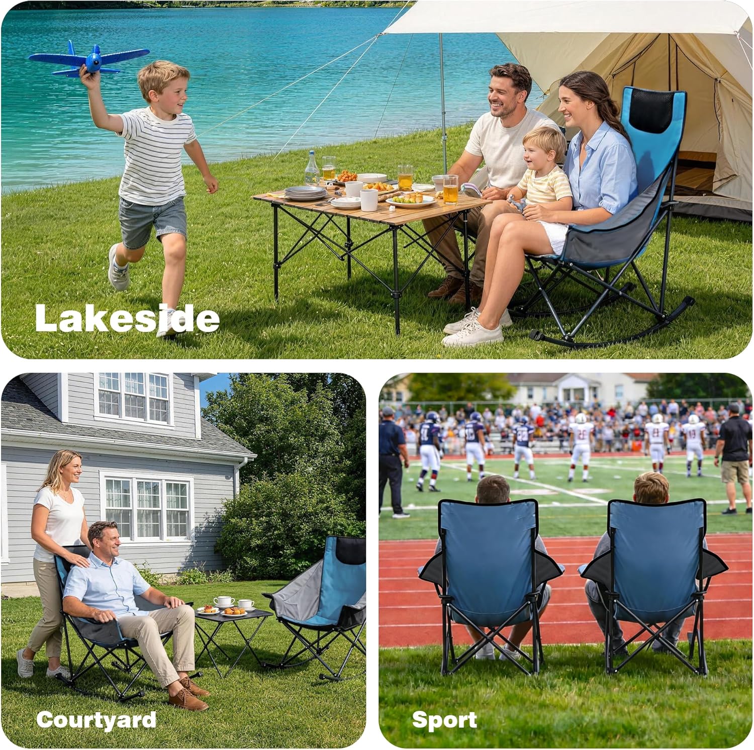 SUNNYFEEL Rocking Camping Chair 2 Pack, Luxury Padded Recliner, Oversized Folding Lawn Chair with Pocket, Heavy Duty for Outdoor/Picnic/Lounge/Patio, Portable Camp Rocker Chairs with Carry Bag