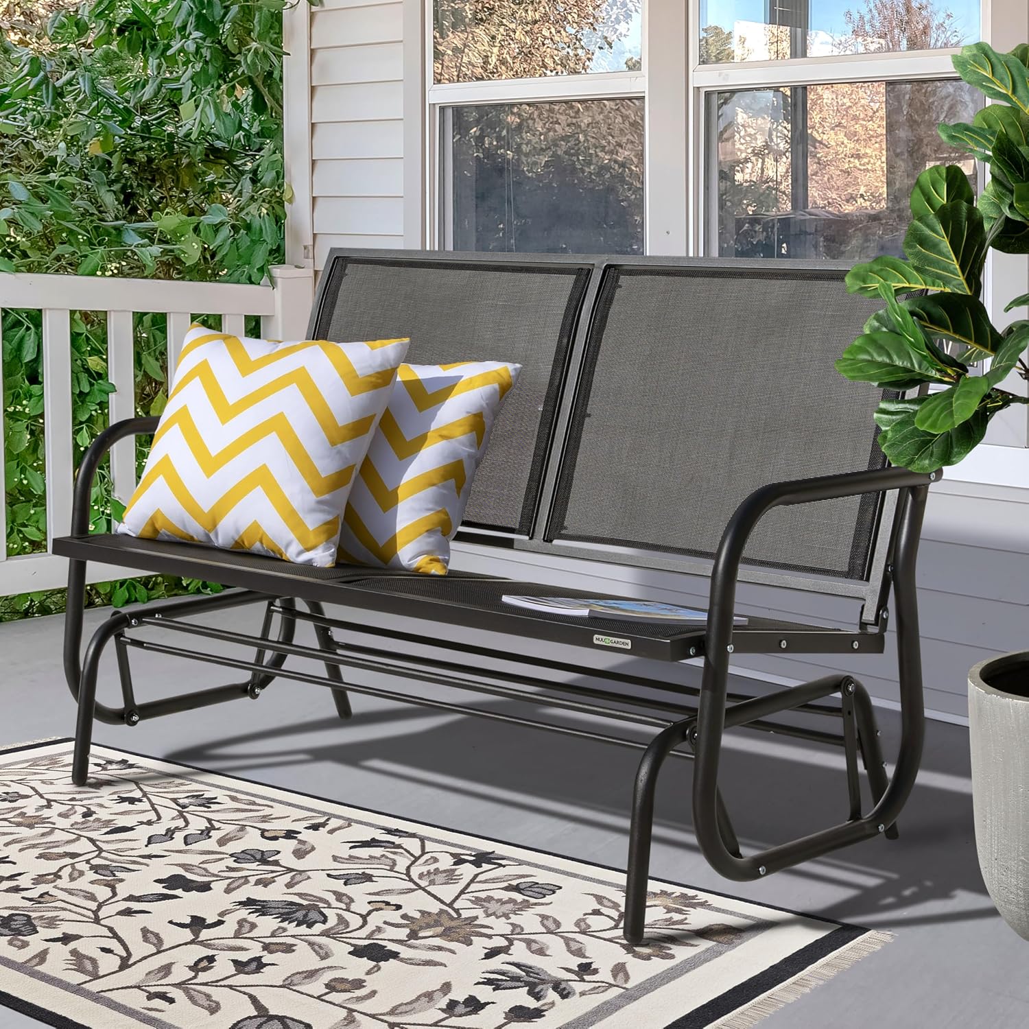 NUU GARDEN Porch Glider Heavy Duty 529 LBS, Iron Patio Glider Chairs Bench, 2-Seater for Backyard, Poolside, Garden, Black