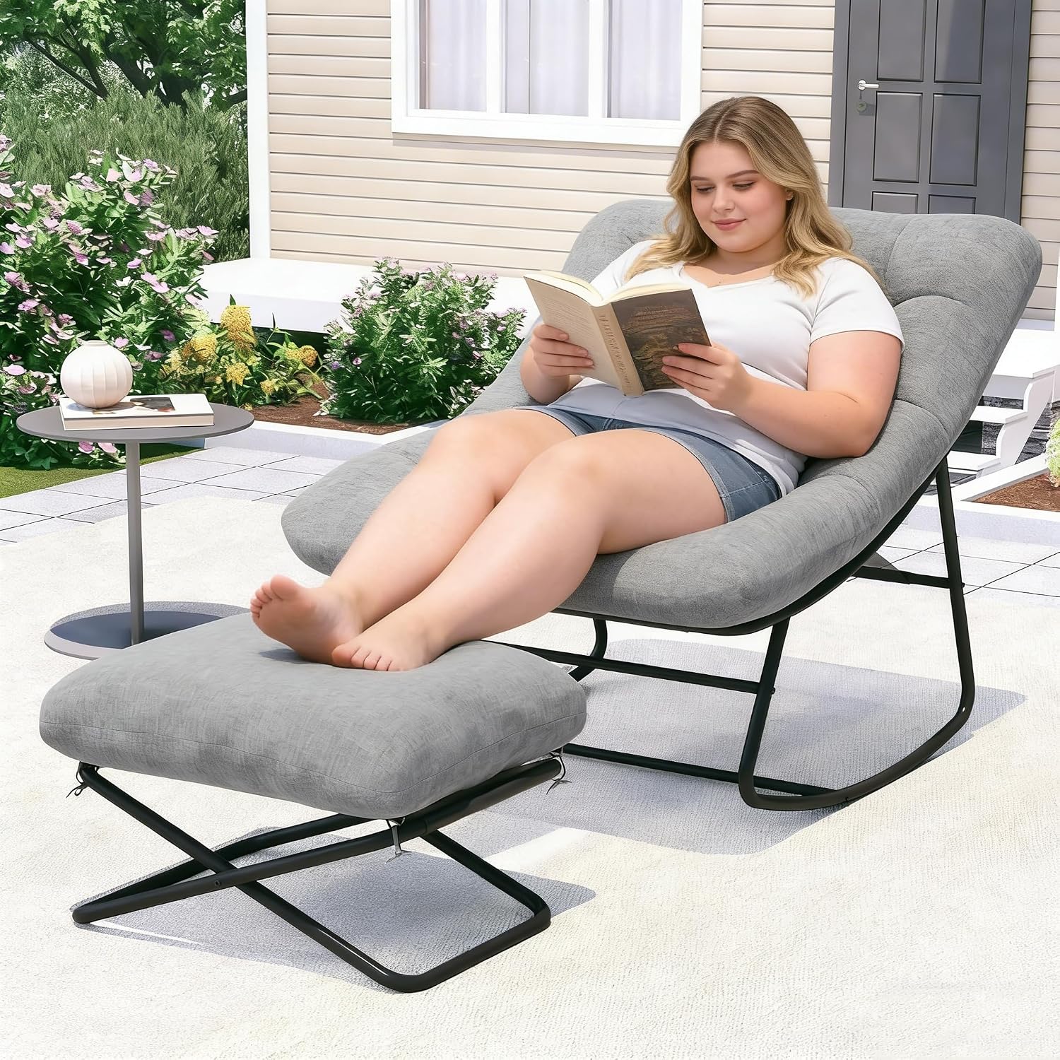 EazeHome Outdoor Rocking Chair with Footrest, Oversized Papasan Rocking Chair with Metal Frame&Cushion, Patio Egg Rocker Lounge Chair for Porch, Balcony, Bedroom, Living Room, Gray