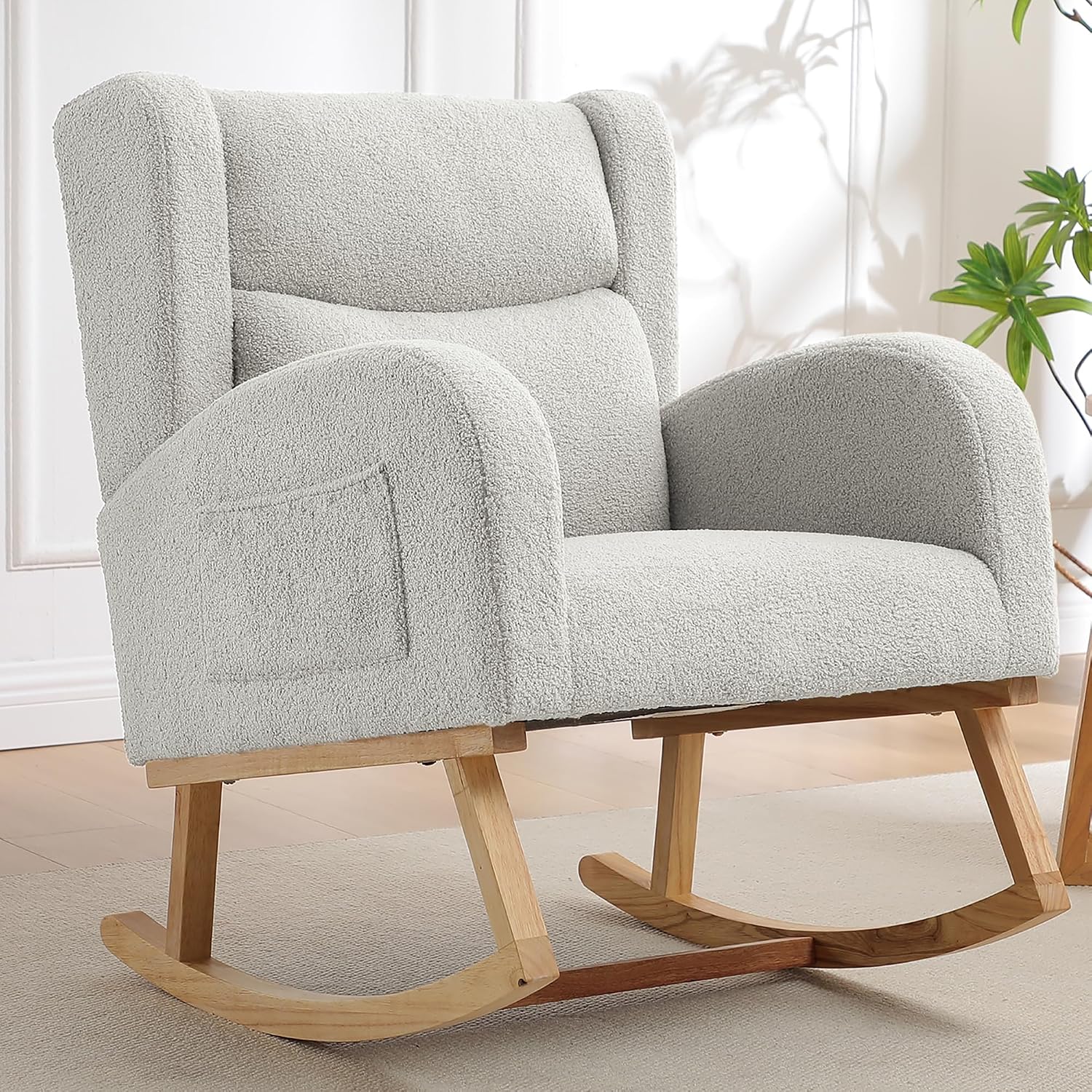 HCHAIRH Nursery Rocking Chairs Upholstered Rocking Chair for Nursery Cozy High Backrest Modern Indoor Rocking Chair for Living Room Bedroom Adults (Teddy Light Gray)