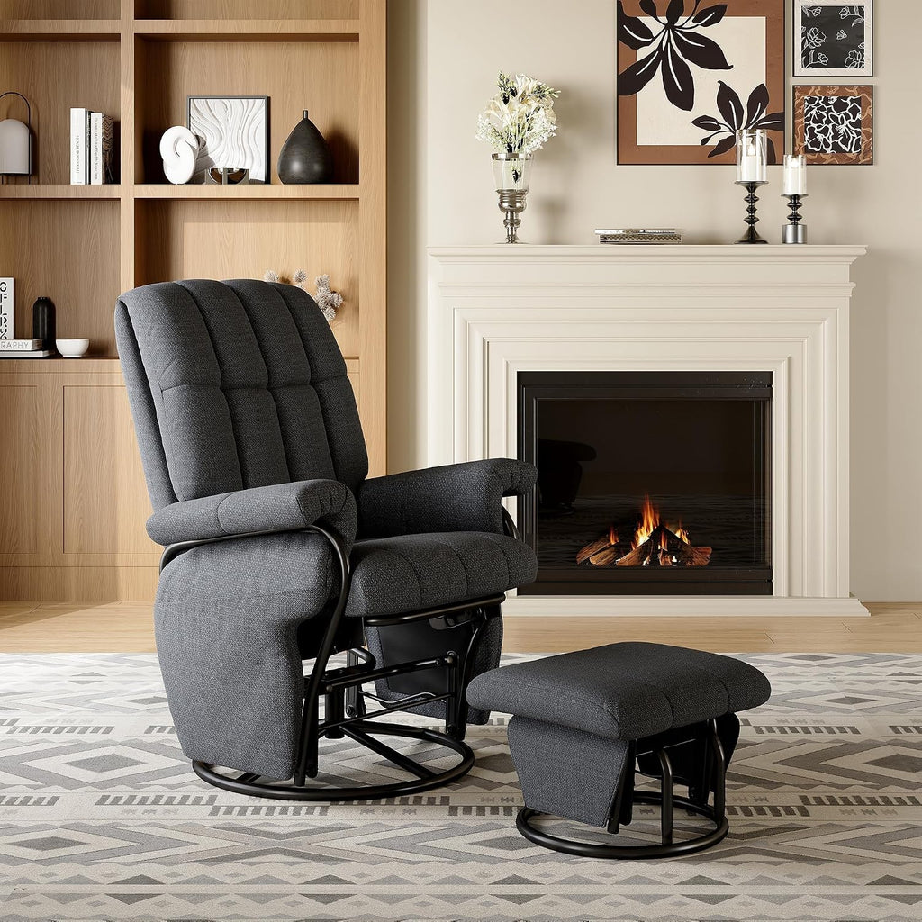 AODAILIHB 360° Swivel Glider Recliner with Ottoman, Nursing Glider Rocking Chair with Foot Rest & 2 Side Pockets for Nursery, Living Room, Bedroom, Office, Grey
