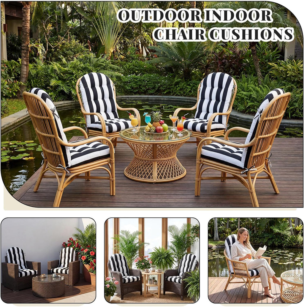 Geelin 4 Pcs Outdoor Patio Chair Cushion Thick High Back Adirondack Chair Cushion Tufted Weather & Fade Resistant Anti-Slip Outside Rocking Chairs Pads with Ties, 44 x 19 x 4 Inch (Black White Stripe)