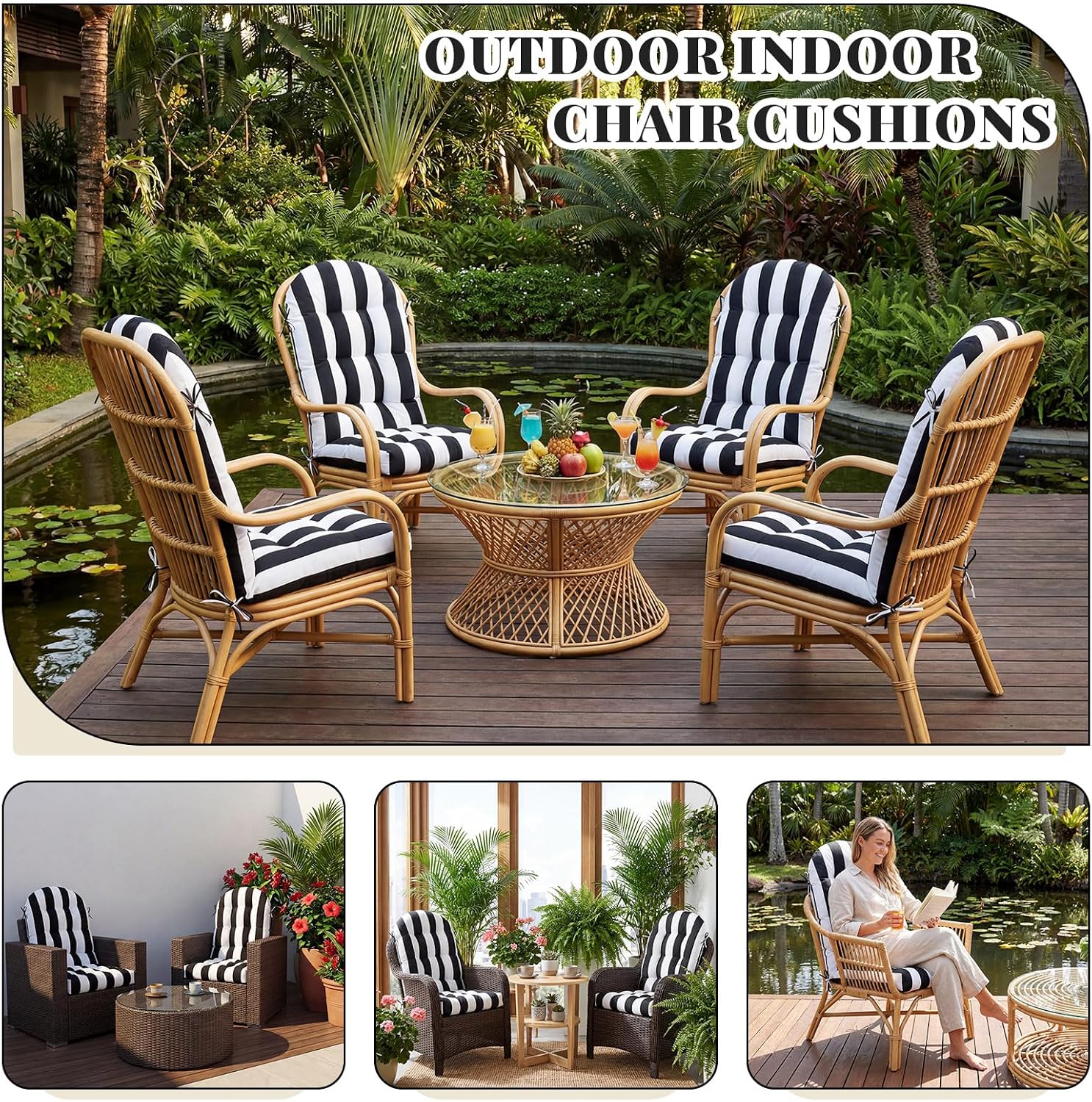 Geelin 4 Pcs Outdoor Patio Chair Cushion Thick High Back Adirondack Chair Cushion Tufted Weather & Fade Resistant Anti-Slip Outside Rocking Chairs Pads with Ties, 44 x 19 x 4 Inch (Black White Stripe)