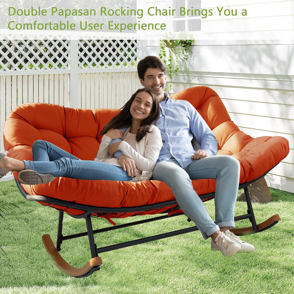 Double Papasan Rocking Chair Outdoor & Indoor, 660LBS Capacity Oversized Patio Rocking Chair for 2-Person with Thick Cushion and Frame,Egg Shaped Rocker for Garden, Deck, Living Room,Red