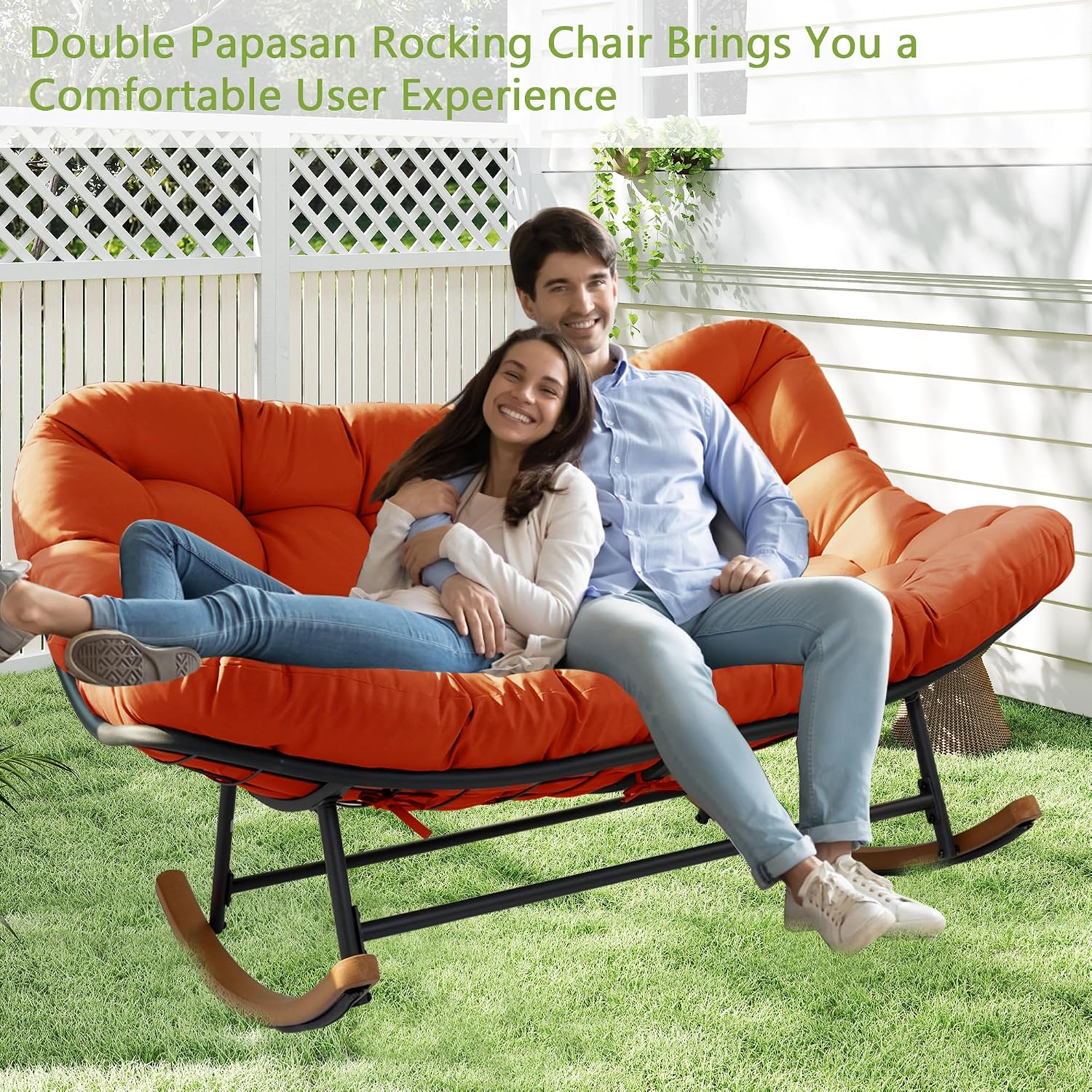 Double Papasan Rocking Chair Outdoor & Indoor, 660LBS Capacity Oversized Patio Rocking Chair for 2-Person with Thick Cushion and Frame,Egg Shaped Rocker for Garden, Deck, Living Room,Red