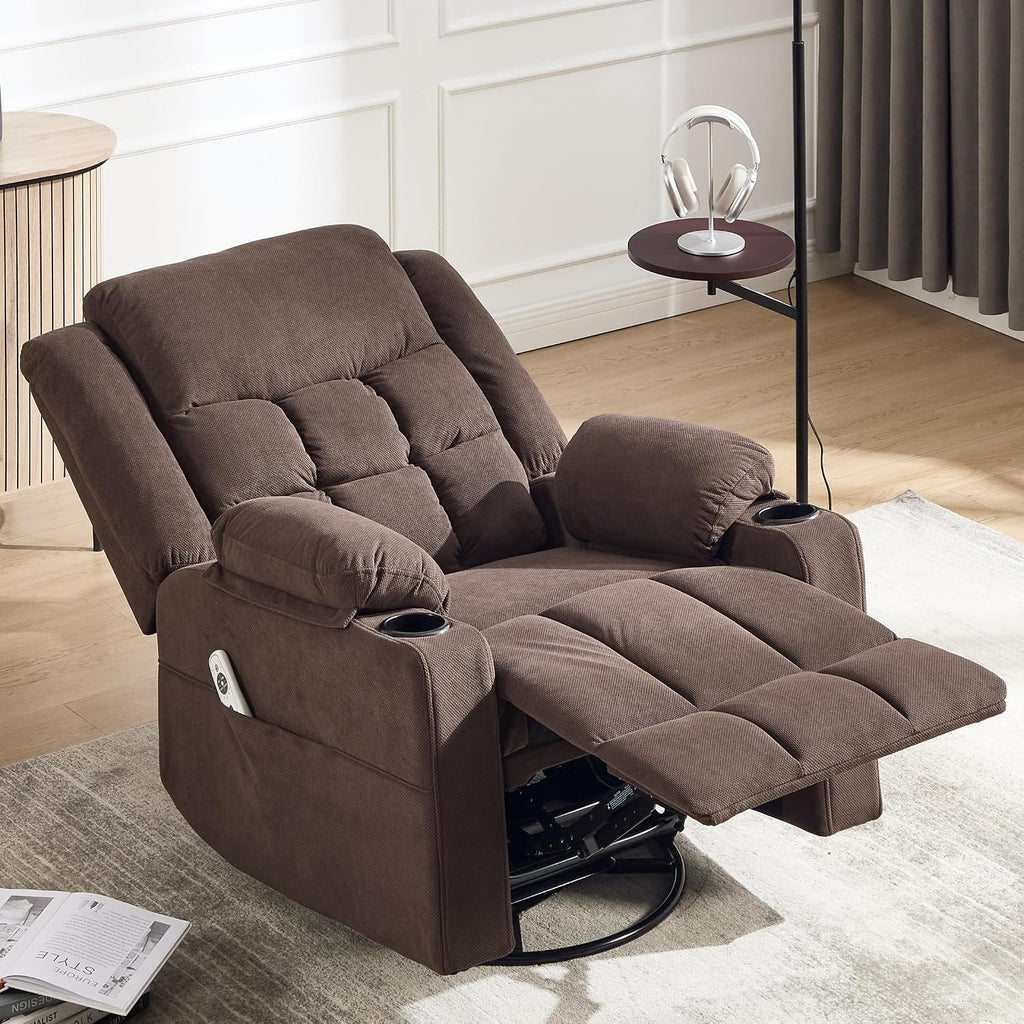 Ketaiyou Swivel Rocker Recliner Chair for Adults with Massage and Heat, Cup Holders and Side Pockets, Glider Rocking Reclining Single Sofa Chair for Living Room (Cocoa)