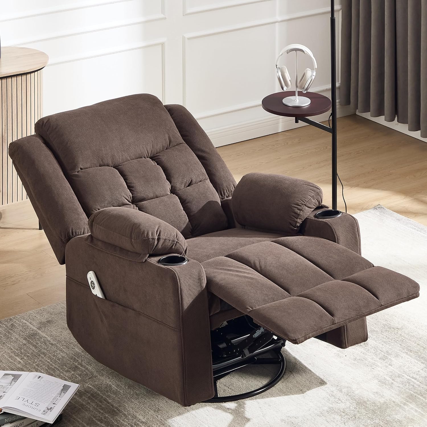 Ketaiyou Swivel Rocker Recliner Chair for Adults with Massage and Heat, Cup Holders and Side Pockets, Glider Rocking Reclining Single Sofa Chair for Living Room (Cocoa)