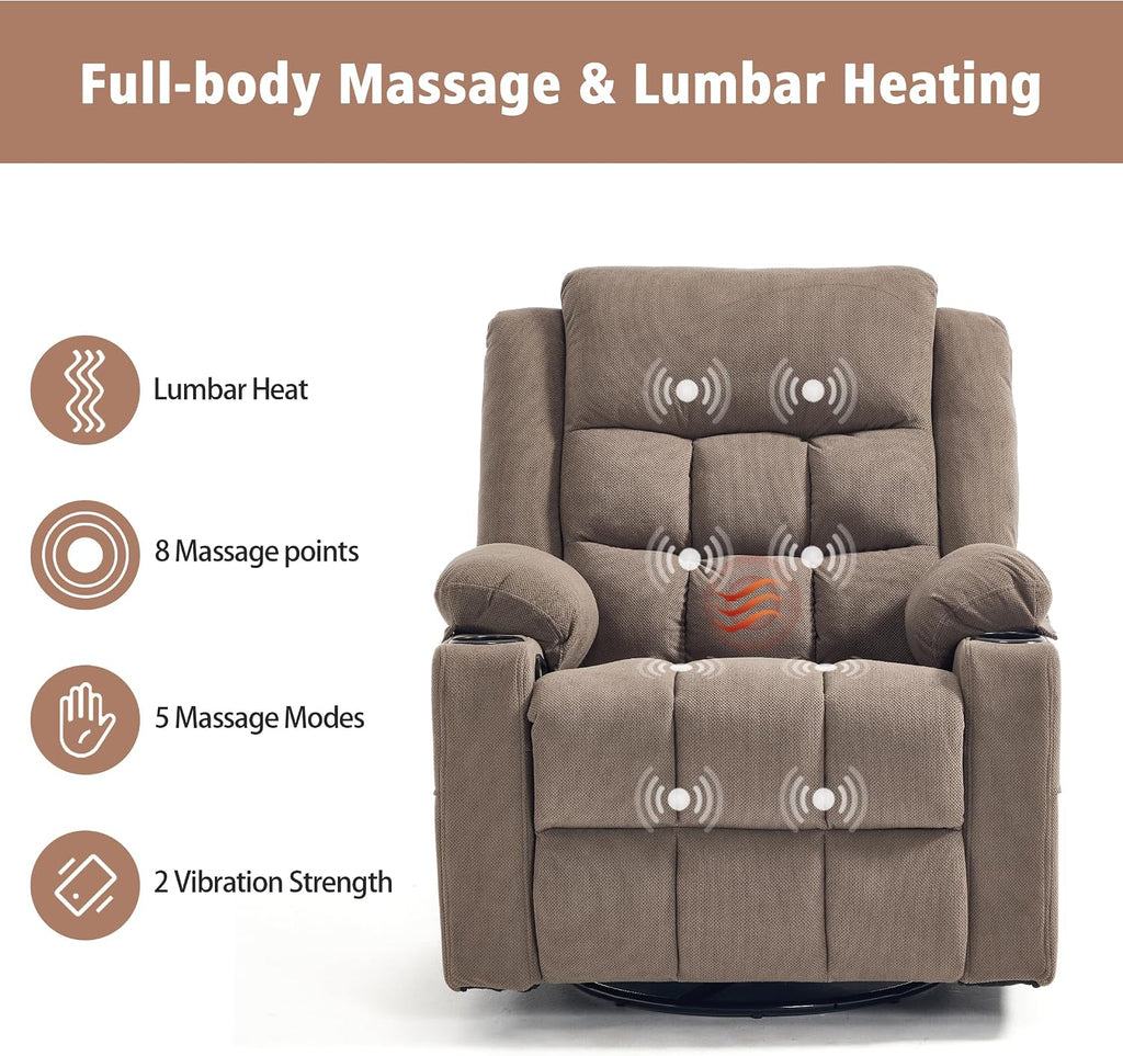 Ketaiyou Swivel Rocker Recliner Chair for Adults with Massage and Heat, Cup Holders and Side Pockets, Glider Rocking Reclining Single Sofa Chair for Living Room (Coffee)