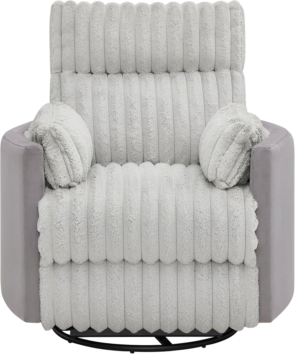Power Swivel Rocker Recliner for Adults, Cozy Corduroy Recliner Chair with 2 Pillows for Bedroom, Electric Glider Rocking Nursery Chairs for Living Room (Light Grey)