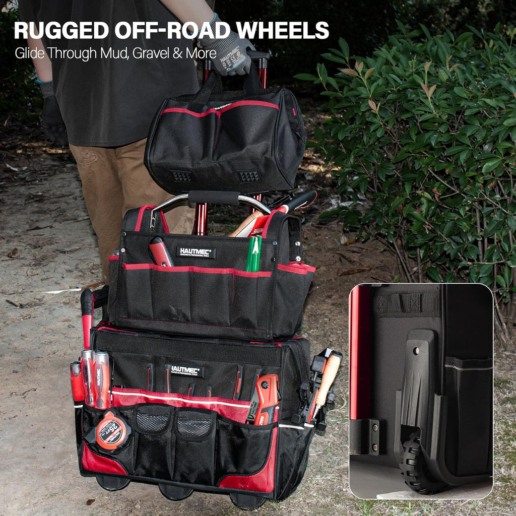 HAUTMEC 3-Piece Rolling Tool Bag Set, 18' Wheeled Tool Bag, 15' Open Top Tool Tote & 12' Wide Mouth Small Bag, Heavy-Duty 1680D Water-Resistant Tool Storage with Off-Road Wheel & Telescoping Handle