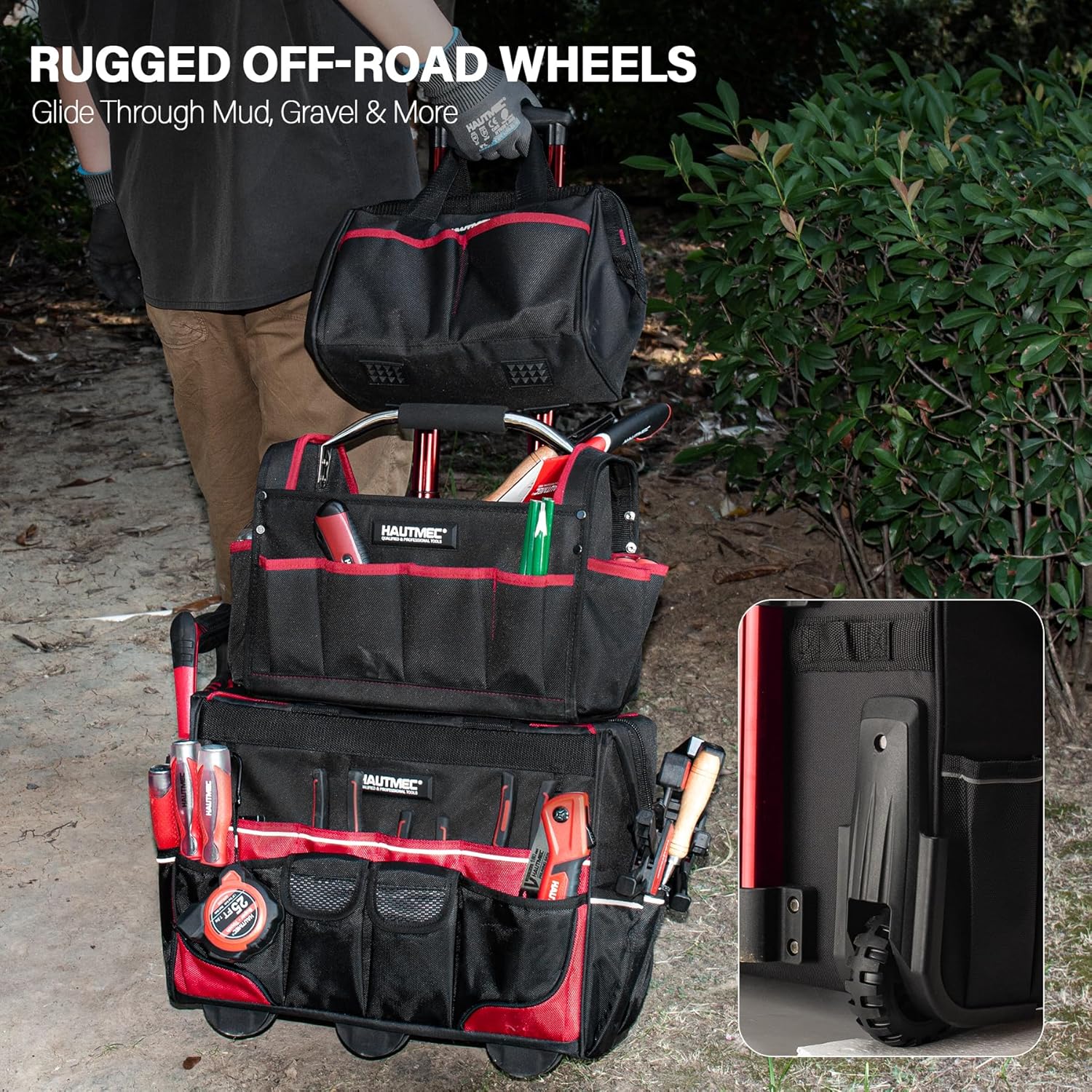 HAUTMEC 3-Piece Rolling Tool Bag Set, 18' Wheeled Tool Bag, 15' Open Top Tool Tote & 12' Wide Mouth Small Bag, Heavy-Duty 1680D Water-Resistant Tool Storage with Off-Road Wheel & Telescoping Handle