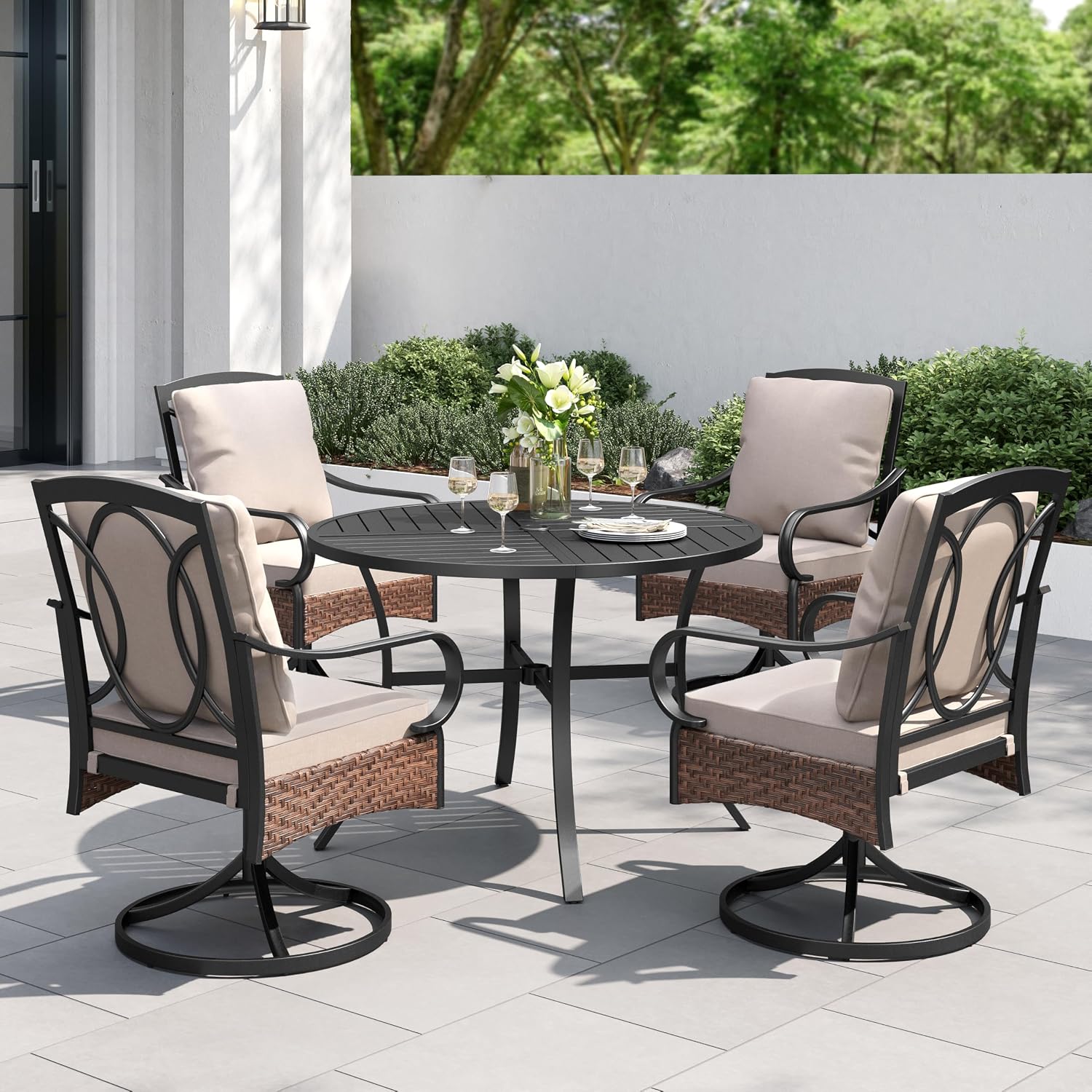 PHI VILLA 5-Piece Outdoor Dining Sets, All-Weather Patio Table and Chairs Set for 4, Heavy Duty Patio Table Set Round for Deck, 4 Extra Large Outdoor Metal Wicker Dining Chairs with Thick Cushions