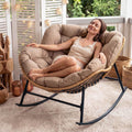 NICESOUL Oversized Papasan Rocking Chair with Cushion, All-Weather Wicker Egg Rocker Indoor Outdoor, 450 lbs Sturdy Comfy Recliner Glider Lounge Chair for Balcony Livingroom Bedroom Porch, Brown