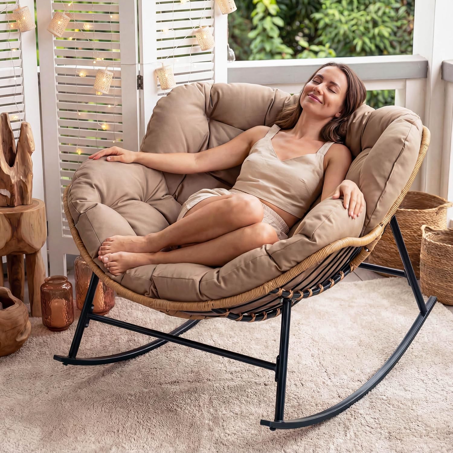 NICESOUL Oversized Papasan Rocking Chair with Cushion, All-Weather Wicker Egg Rocker Indoor Outdoor, 450 lbs Sturdy Comfy Recliner Glider Lounge Chair for Balcony Livingroom Bedroom Porch, Brown