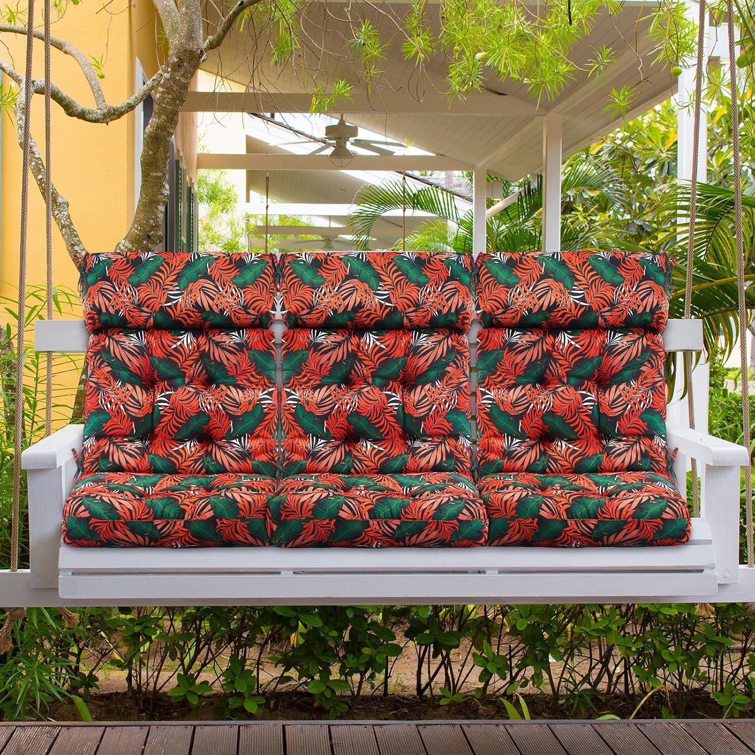 Barydat 4 Pcs Tufted High Back Chair Cushion Indoor Outdoor Seat and Back Cushions Palm Leaves Tropical Plants Lawn Rocking Chair Pads with Ties for Adirondack Patio Garden(Orange Green)