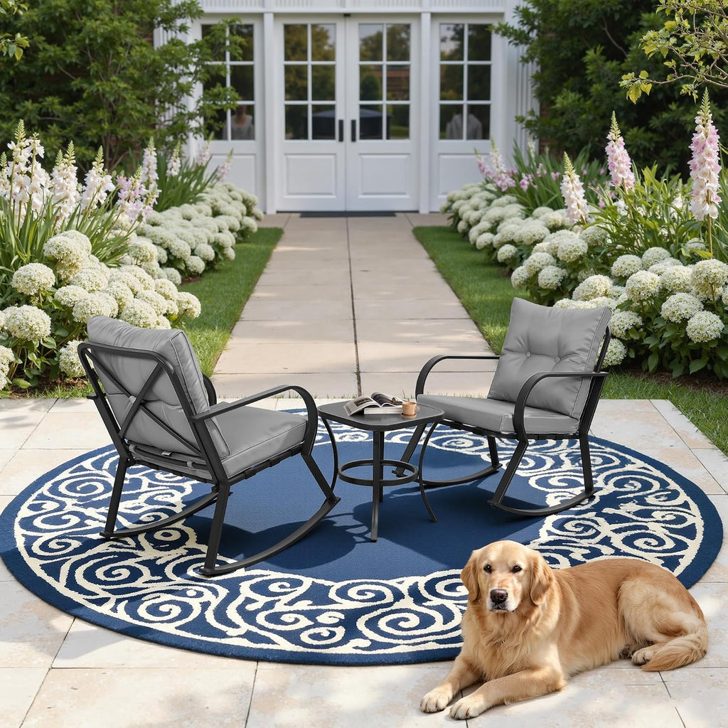 Oakcloud Oakmont Outdoor Furniture 3 Piece Conversation Bistro Set Rocking Chairs and Glass Top Table, Thick Cushions, Black Steel (Grey)