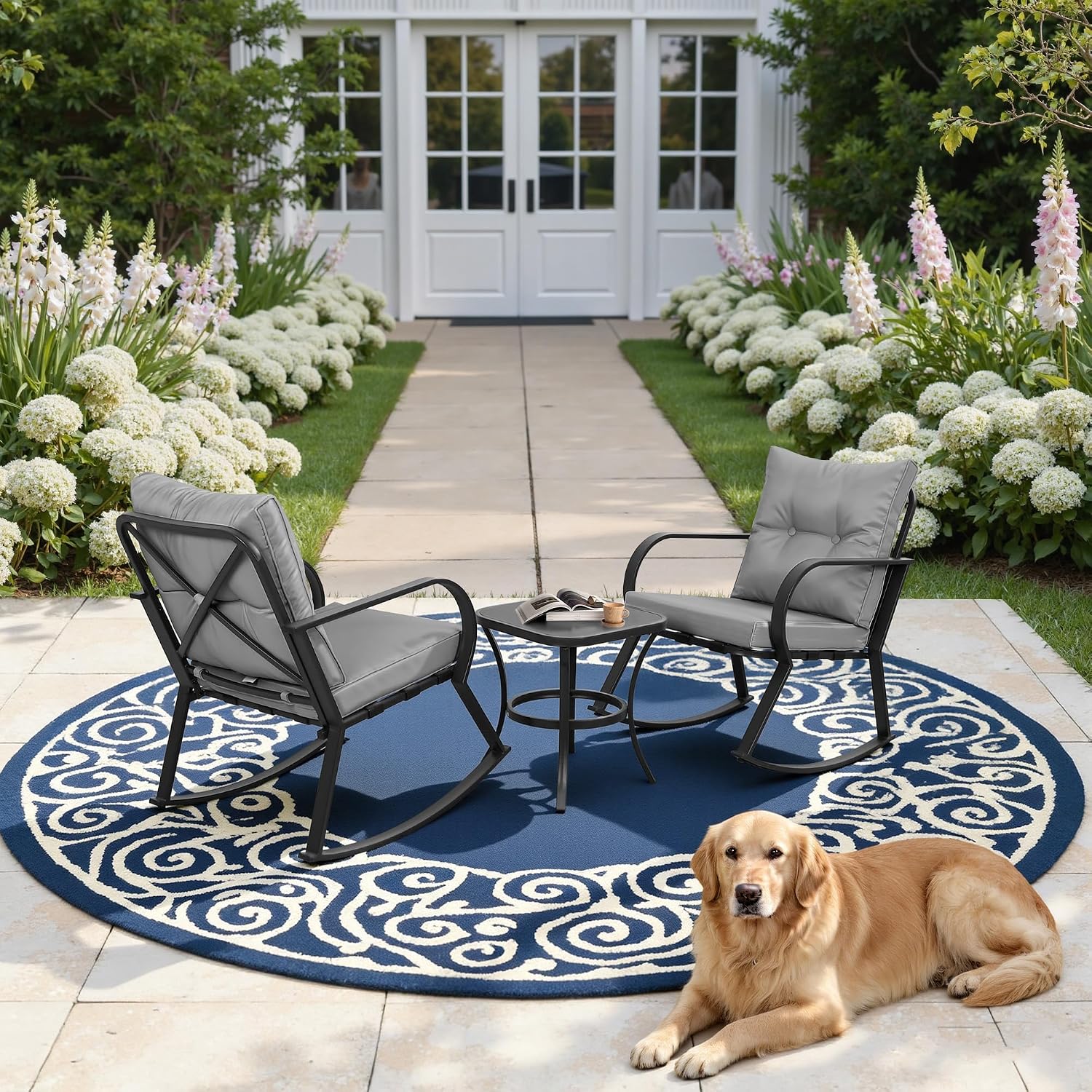 Oakcloud Oakmont Outdoor Furniture 3 Piece Conversation Bistro Set Rocking Chairs and Glass Top Table, Thick Cushions, Black Steel (Grey)