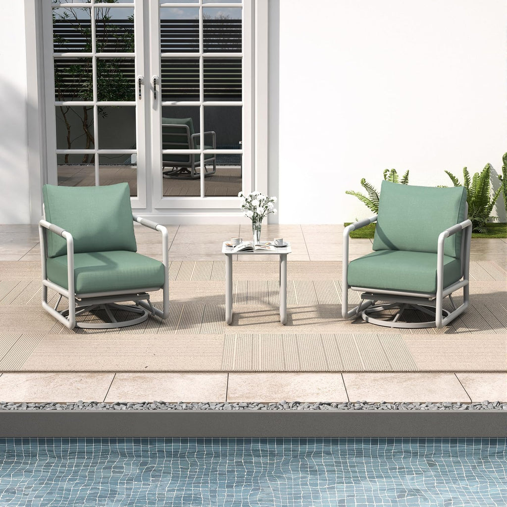 3 Piece Patio Outdoor Aluminum Swivel Rocking Chair with Coffee Table and 6.7' Thickened Cushions, All Weather Outdoor Furniture Chairs for Garden, Poolside, Deck-White
