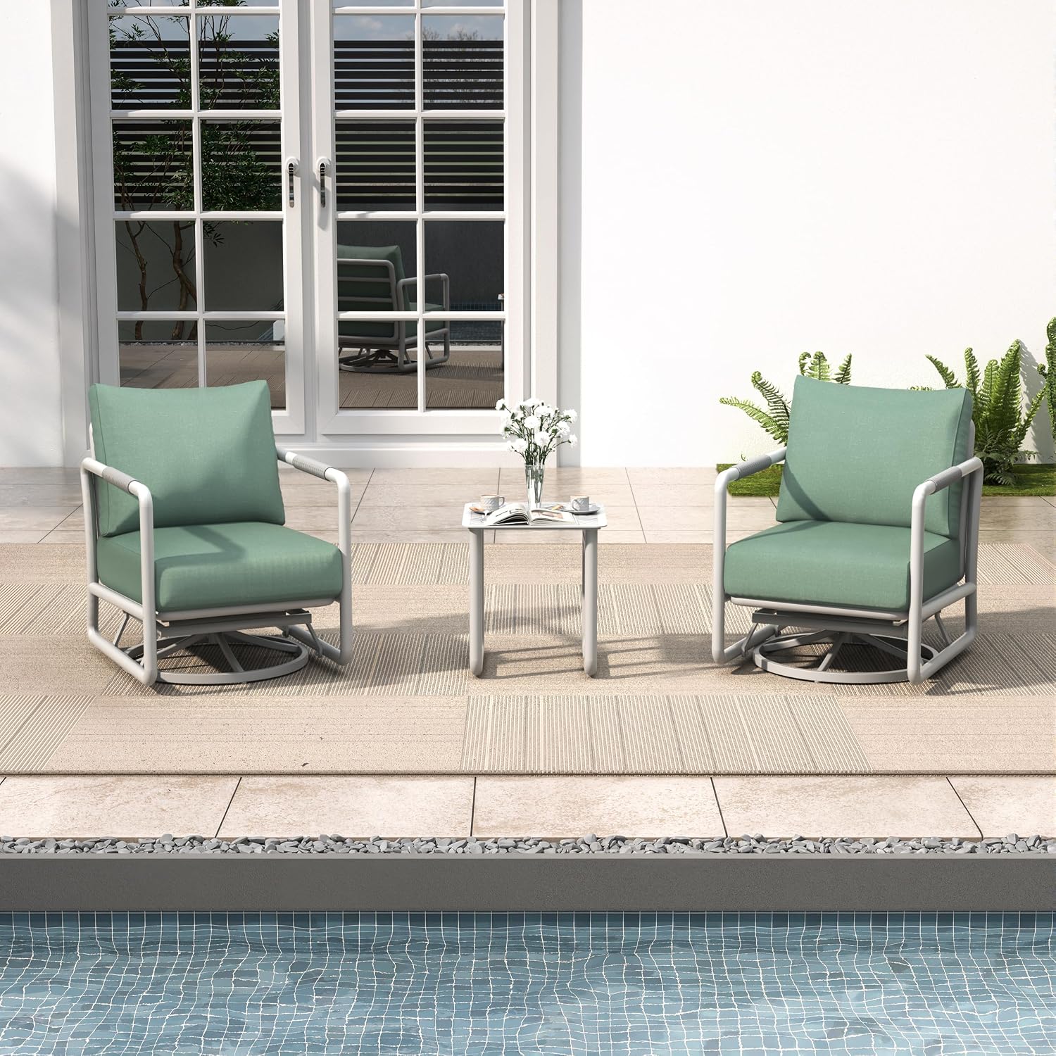 3 Piece Patio Outdoor Aluminum Swivel Rocking Chair with Coffee Table and 6.7' Thickened Cushions, All Weather Outdoor Furniture Chairs for Garden, Poolside, Deck-White