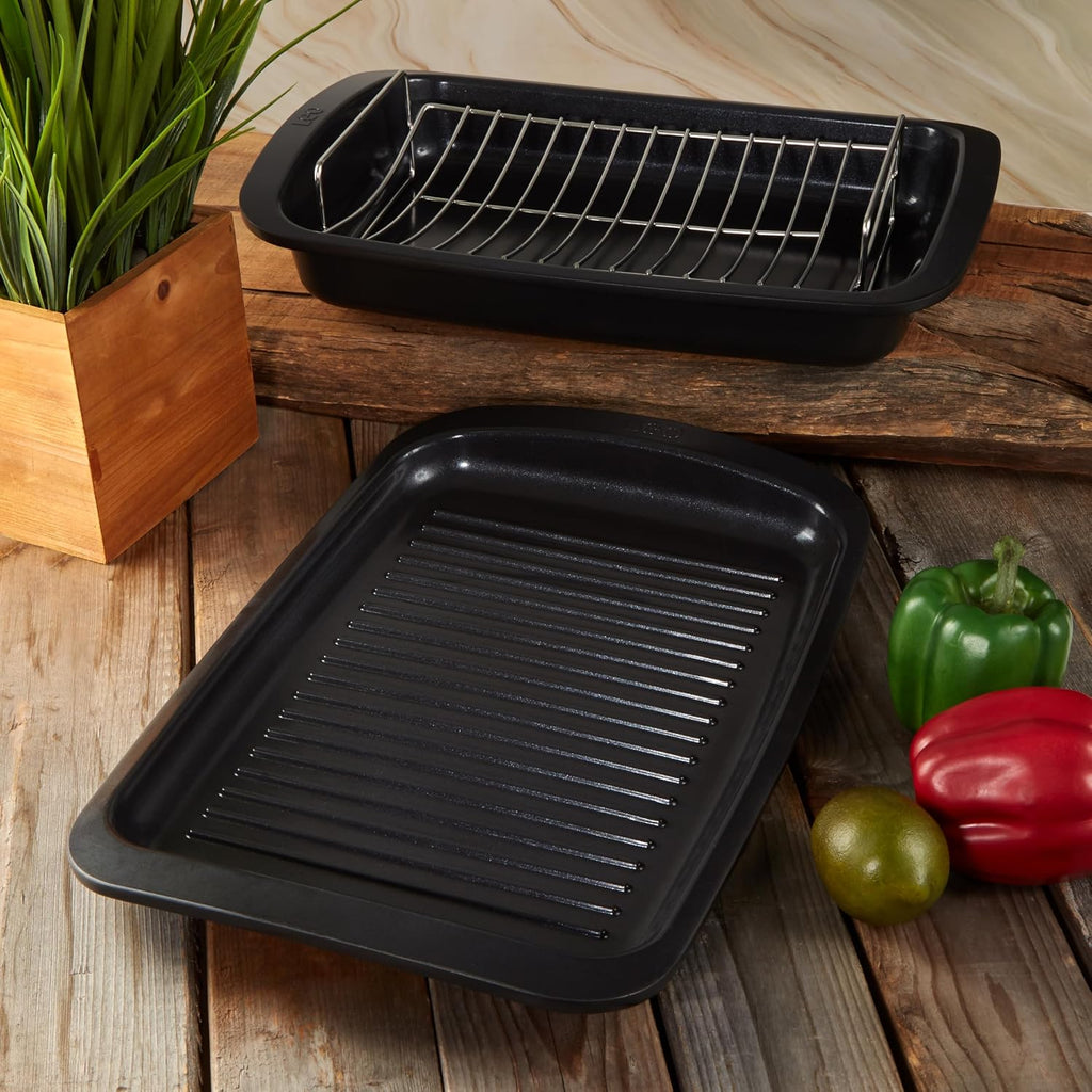 BergHOFF Graphite 3Pc Non-stick Specialty Cookware Set, Recycled Cast Aluminum Pan, Stainless Steel Rack, CeraGreen Non-toxic Ceramic Coating, Grill BBQ Steak Veggies
