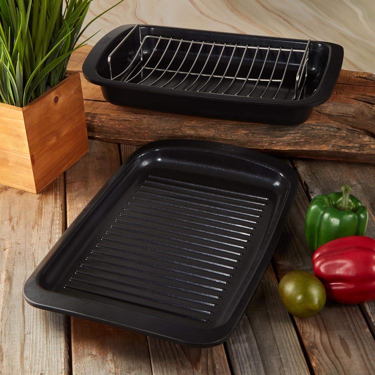 BergHOFF Graphite 3Pc Non-stick Specialty Cookware Set, Recycled Cast Aluminum Pan, Stainless Steel Rack, CeraGreen Non-toxic Ceramic Coating, Grill BBQ Steak Veggies