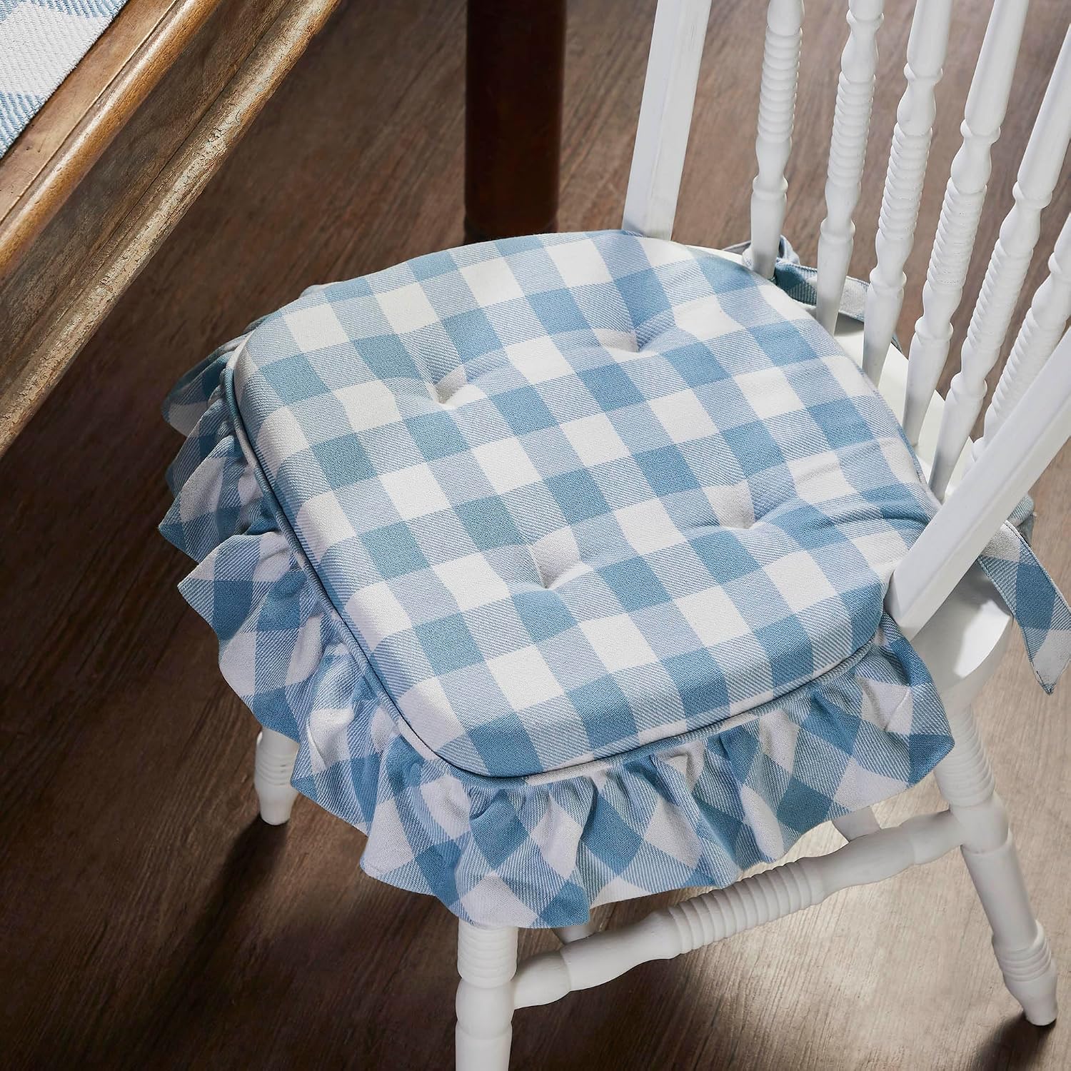 VHC Brands Chair Pad 16.5x18, Cotton Dining Room, Kitchen Chair Pads, Seat Cushion with Ties, Tucked, Annie Buffalo Check Collection, Rectangle 16.5x18, Dusk Blue, Set of 8