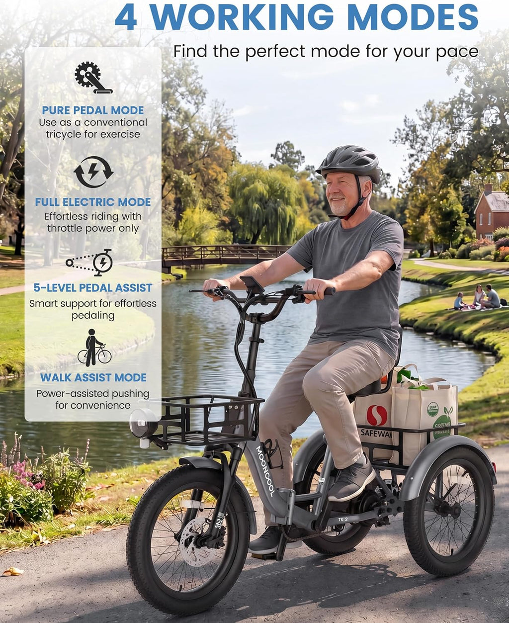 MOONCOOL Electric Trike for Adults, 500W/750W 48V Electric Tricycle for Adults, 20'x3.0' Fat Tire 3 Wheel Electric Bike, Folding Aluminum Adult Tricycle with Removable Battery