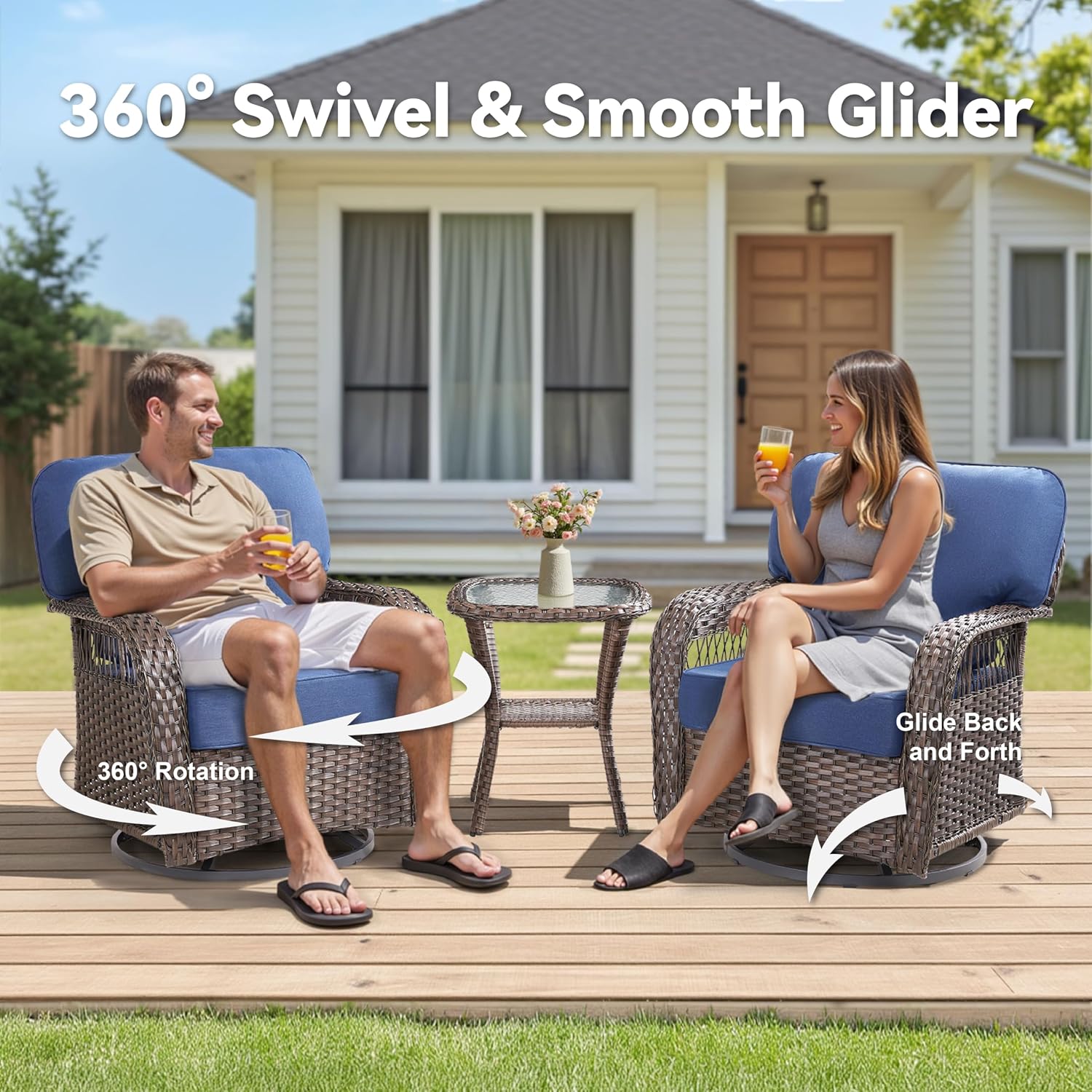 Wicker Swivel Rocker Patio Chairs, Patio Wicker Chairs Swivel Rocker Set of 2 All Weather Glider Rocking Chair Outdoor Conversation Furniture Set for Deck Porch Garden Backyard, Blue