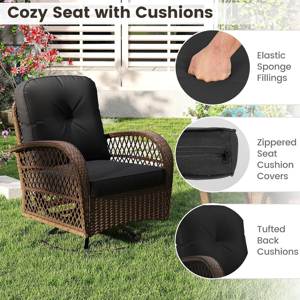 Tangkula 3 Piece Patio Swivel Rocker Set, 2 Outdoor Wicker Rocking Chairs with Tempered Glass Side Table, Outside Gliding Bistro Furniture Set with Thick Cushions for Porch, Yard, Balcony (Black)