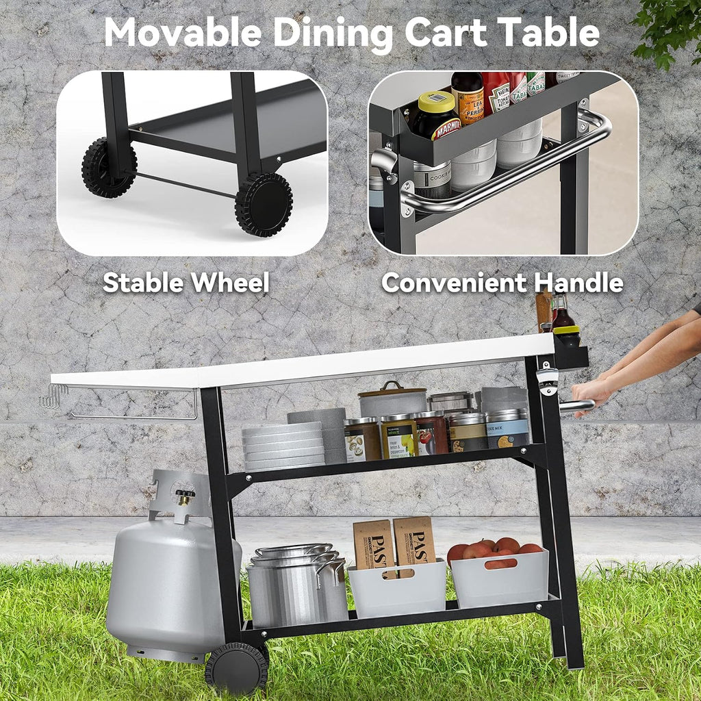 Skyflame Heavy Duty Pizza Oven Table & BBQ Prep Cart, Stainless Steel Rolling Grill Cart with Lockable Wheels, 3 Shelf Outdoor Workstation for Griddle/Patio – 170 lbs, No Wobble