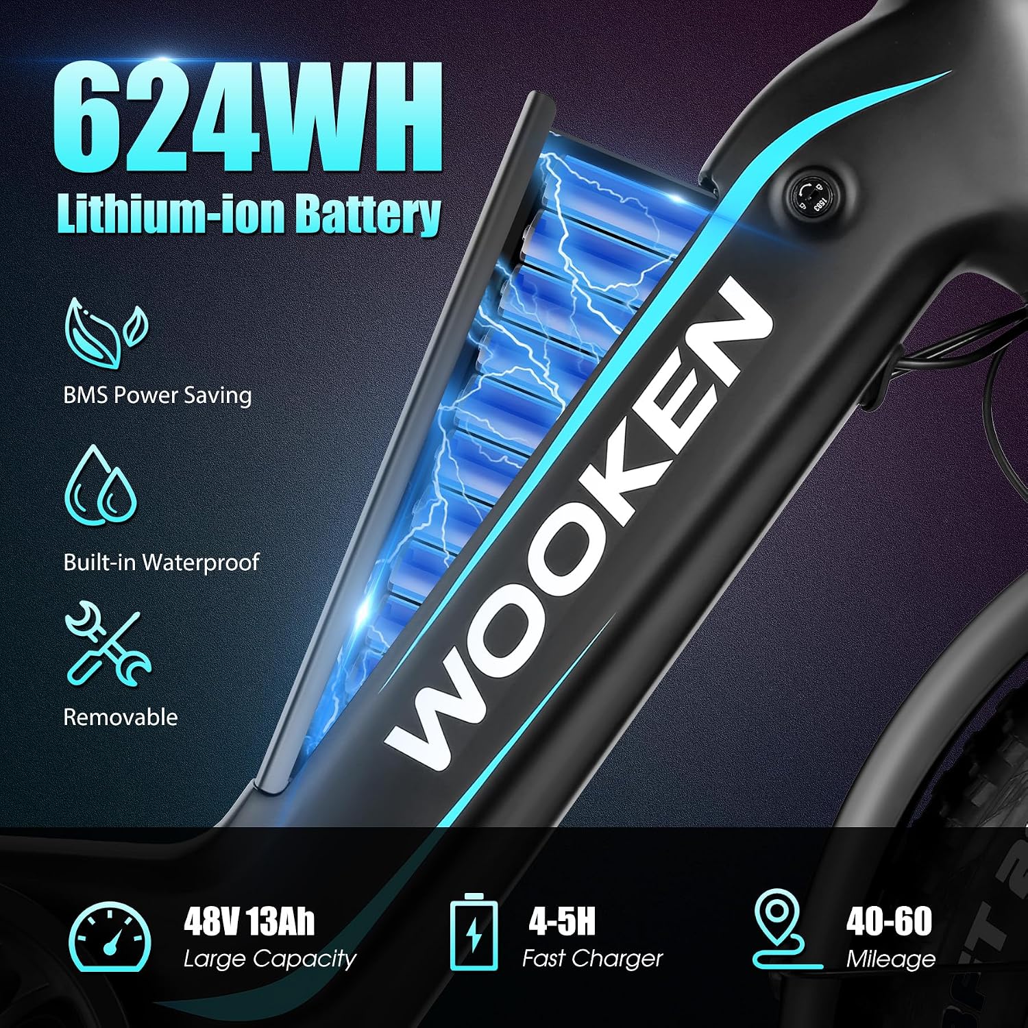 Wooken Electric Bike for Adults, 500W Motor Ebike,20'x4.0' Fat Tire Electric Bike,48V 624WH Removable Lithium-ion Battery,Up to 60 Miles,Step-Thru Electric Mountain Bike,SGS Certified to UL 2849