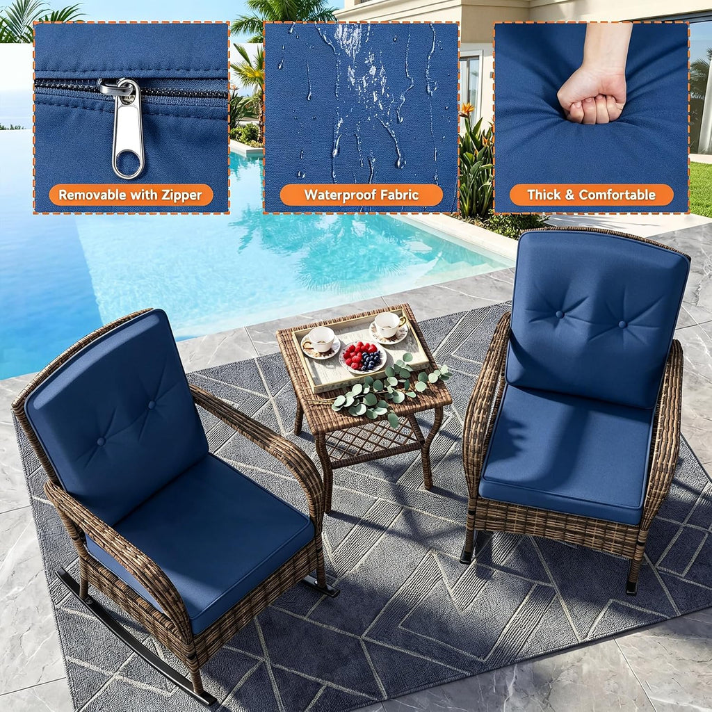 DECMICO 3 Pieces Rocking Bistro Set, Wicker Outdoor Rocking Chair with Washable Cushions, Rattan Rocking Chairs with Rattan Table, Outdoor Wicker Chair for Patio Backyard Porch Garden
