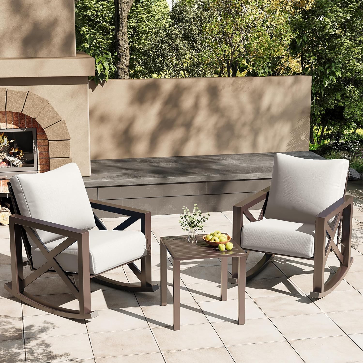 UDPATIO Rocking Chair Outdoor Set 2 with Coffee Table, 3 Piece Metal Rocking Bistro Set with 6.5' Water-Resistant Cushions, Oversized, 350lbs Heavy-Duty, for Porch, Patio, Balcony, Beige