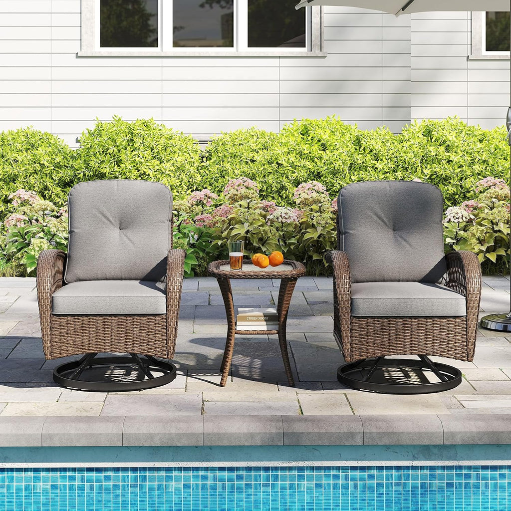 Tangkula 3 Piece Patio Swivel Rocker Set, 2 Outdoor Wicker Rocking Chairs with Tempered Glass Side Table, Outside Gliding Bistro Furniture Set with Thick Cushions for Porch, Yard, Balcony (Gray)