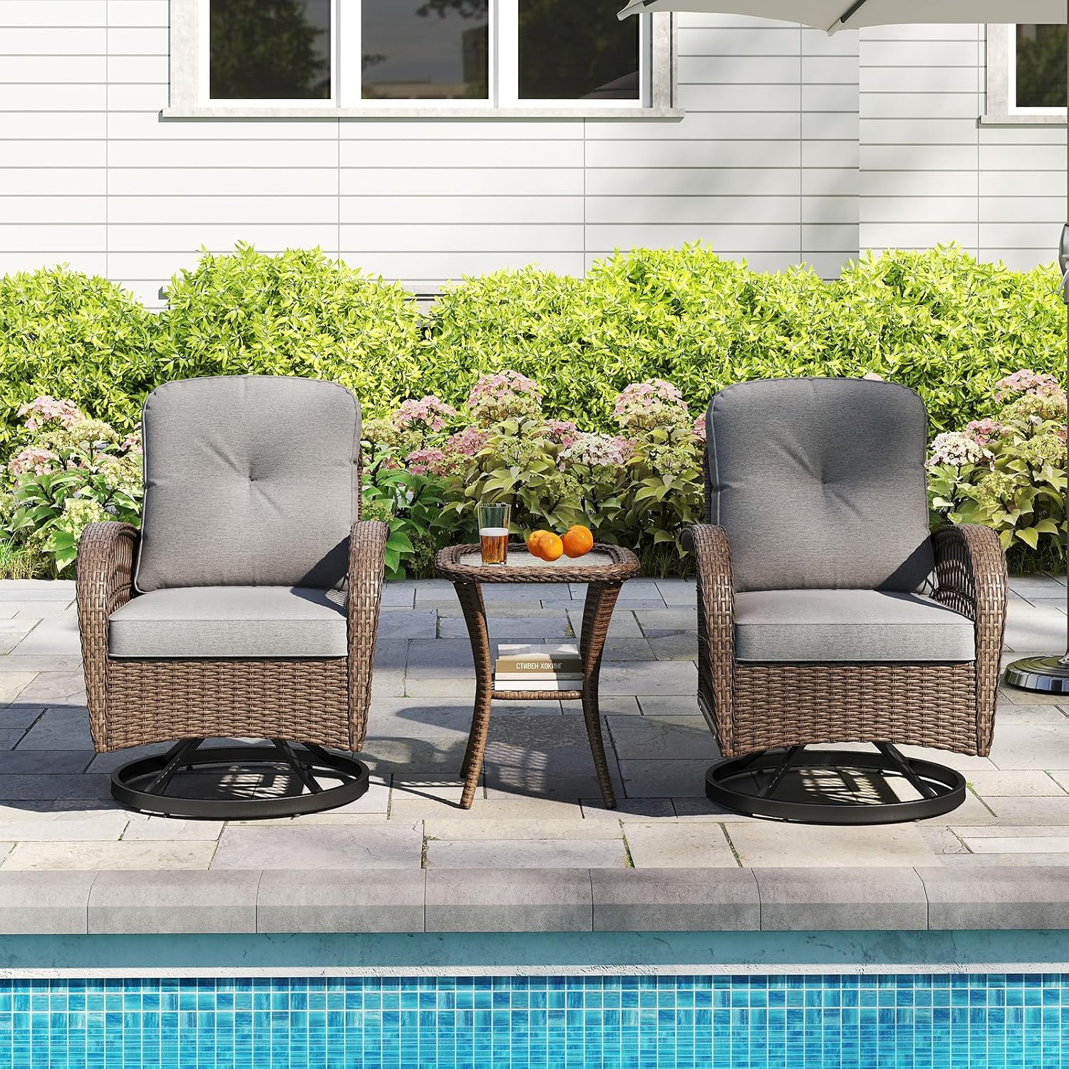 Tangkula 3 Piece Patio Swivel Rocker Set, 2 Outdoor Wicker Rocking Chairs with Tempered Glass Side Table, Outside Gliding Bistro Furniture Set with Thick Cushions for Porch, Yard, Balcony (Gray)