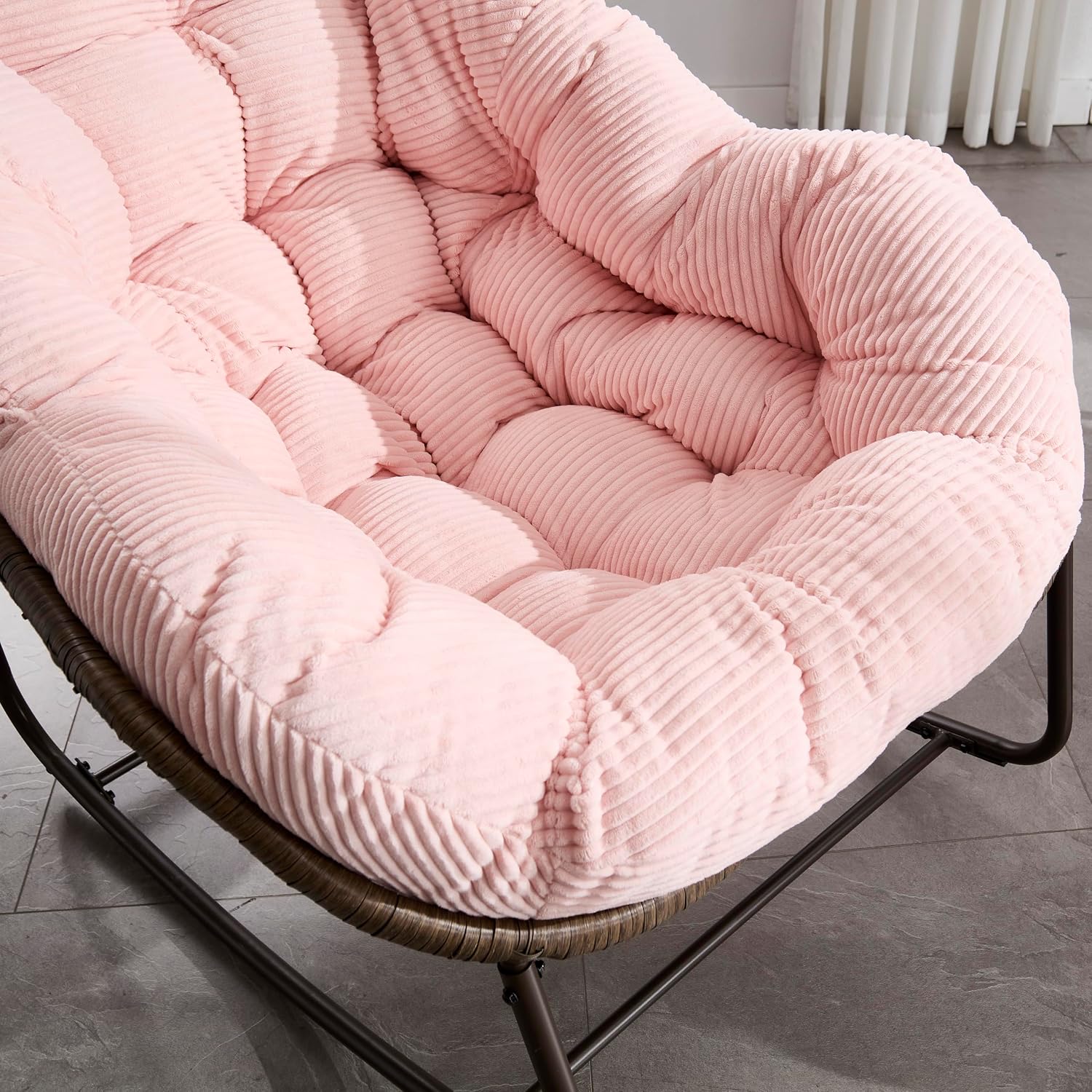 Ball & Cast Outdoor Patio Rocking Chair,Oversized Papasan Egg Chair with E-Coated,Padded Cushion,Recliner Chair for Indoor,Front Porch, Garden, Patio, Backyard,Pink