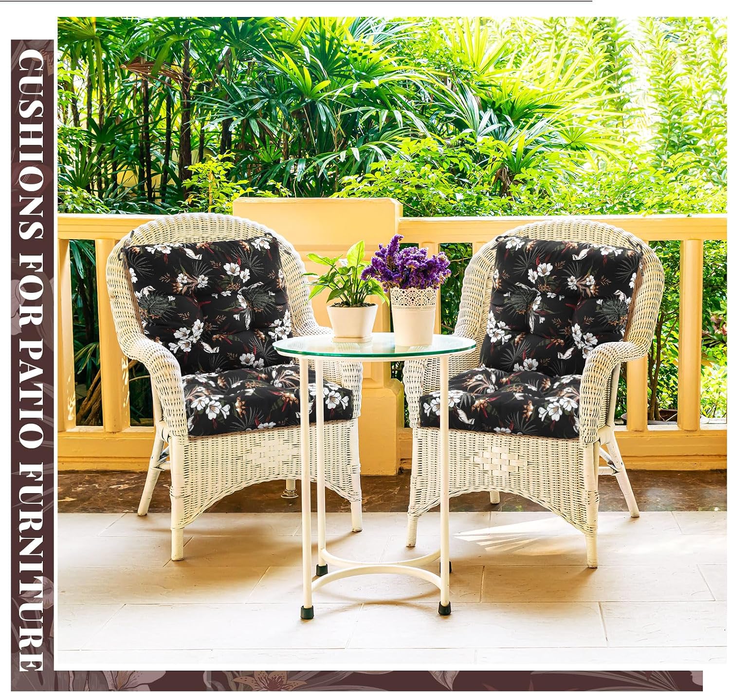 Marsui 4 Pcs Outdoor Indoor High Back Chair Cushions Patio Furniture Tufted Pillow with Ties Water-Resistant Replacement Outdoor Rocking Chair Cushions, 42 x 21 Inches (Black,Plants)