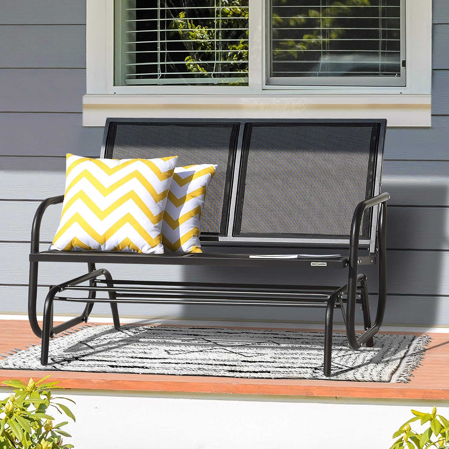 NUU GARDEN 2 Person Outdoor Glider Bench Patio Glider, Patio Glider Swing Chair with Powder Coated Steel Frame and Breathable Seat Fabric, Black Outdoor Loveseat, Black
