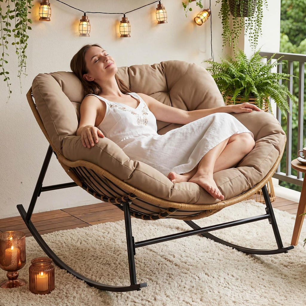 NICESOUL Oversized Papasan Rocking Chair with Cushion, All-Weather Wicker Egg Rocker Indoor Outdoor, 450 lbs Sturdy Comfy Recliner Glider Lounge Chair for Balcony Livingroom Bedroom Porch, Brown