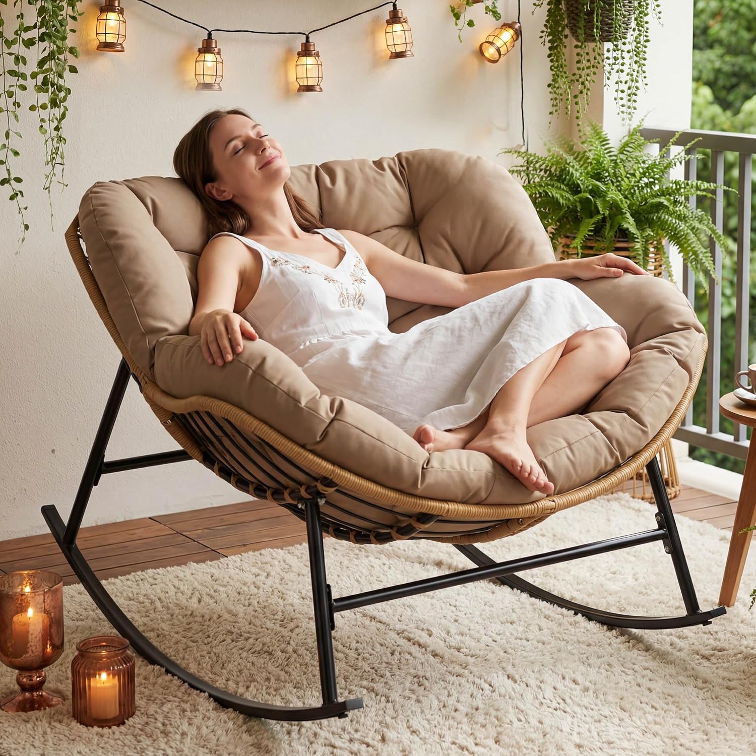 NICESOUL Oversized Papasan Rocking Chair with Cushion, All-Weather Wicker Egg Rocker Indoor Outdoor, 450 lbs Sturdy Comfy Recliner Glider Lounge Chair for Balcony Livingroom Bedroom Porch, Brown