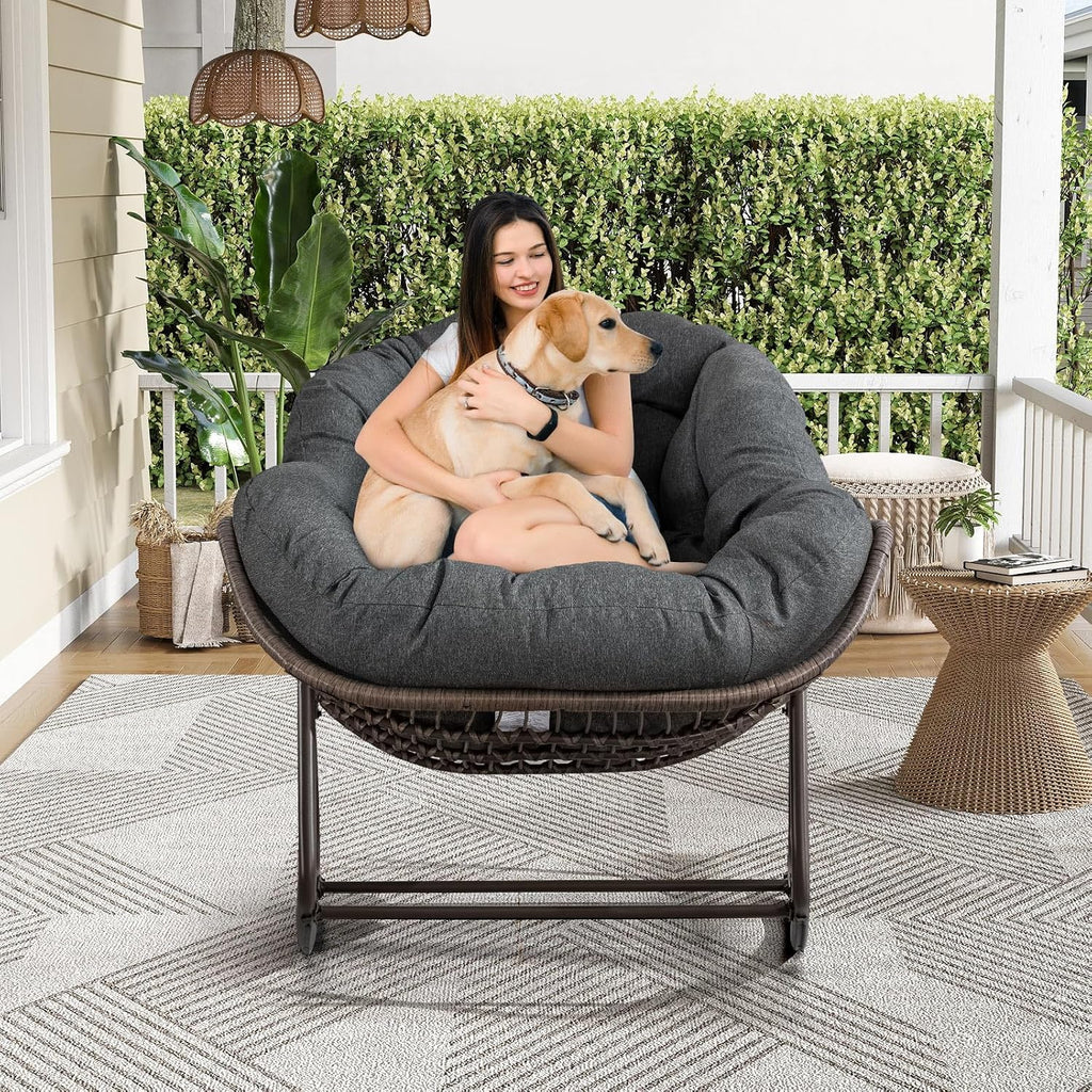 Deolme Large Papasan Rocking Chair Set of 2 with Cushion, Oversized Comfy Reading Chair Lounging Indoor Outdoor Rocker for Front Porch Backyard Bedroom Living Room Egg Chair Rattan (Dark Grey)