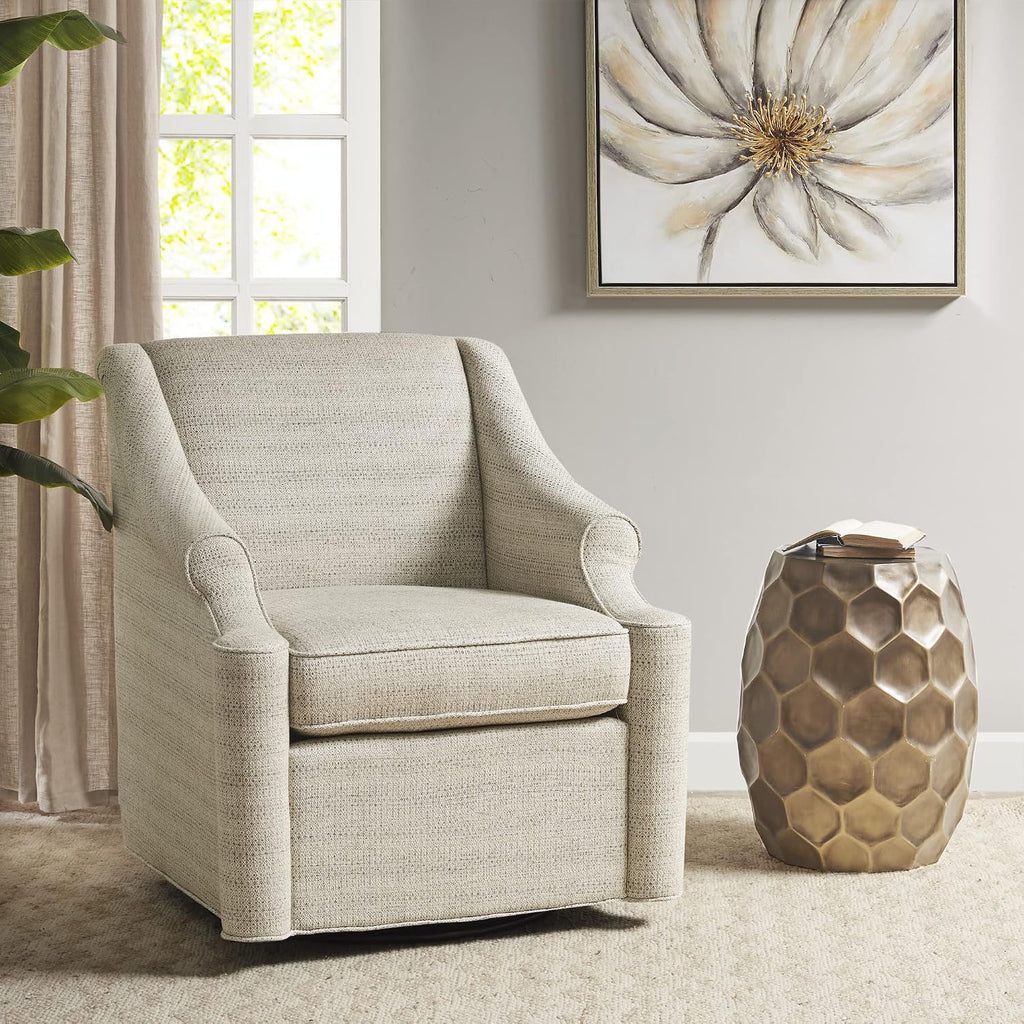 Madison Park Swivel Glider Chair for Living Room, High Back Bedroom Lounge Foam Seat Cushion Upholstered, Nursery Furniture, Metal Base, Fully Assembled, 29.5' W x 30.25' D x 34.5' H, Tan