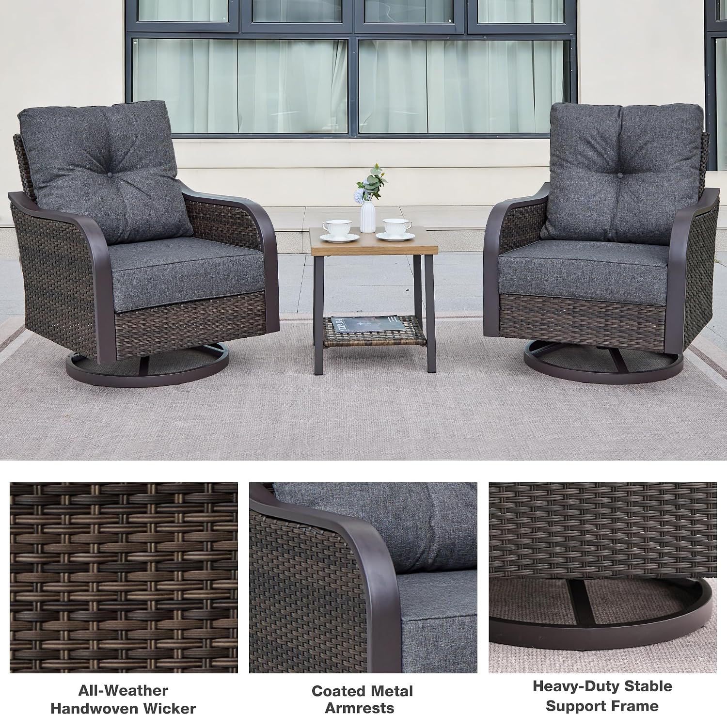 Outdoor Swivel Rocker Chairs, Wicker Swivel Rocking Chairs with 6'' Thick Cushions and Side Coffee Table, 3 Piece Patio Furniture Set for Balcony, Porch, Deck, Poolside, Grey