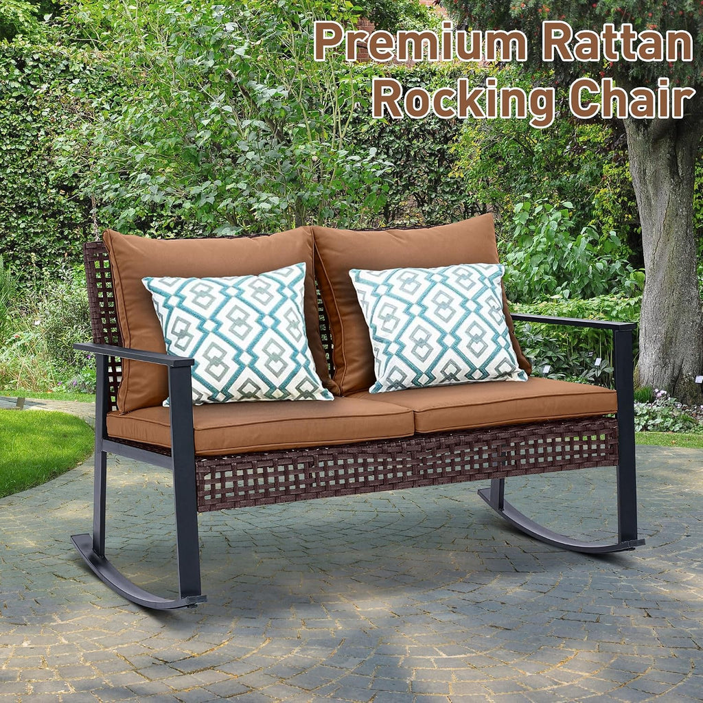 GDY Outdoor Wicker Loveseat Rocking Chair, Patio Outdoor Furniture Conversation Sets, Rattan Rocker Chair with Cushions, Modern Cozy Rocking Wicker Furniture for Garden, Porch, Poolside & Deck, Brown.