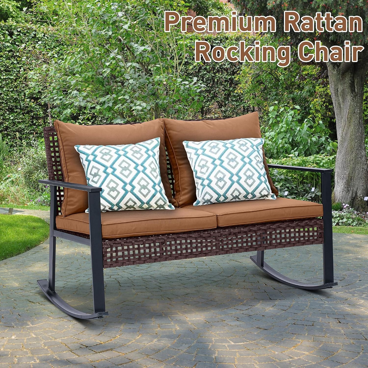GDY Outdoor Wicker Loveseat Rocking Chair, Patio Outdoor Furniture Conversation Sets, Rattan Rocker Chair with Cushions, Modern Cozy Rocking Wicker Furniture for Garden, Porch, Poolside & Deck, Brown.